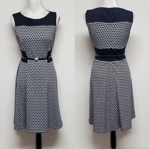 Anne Klein Navy Blue Wire Print Sleeveless Paneld Gold Lion Belted A-line Dress